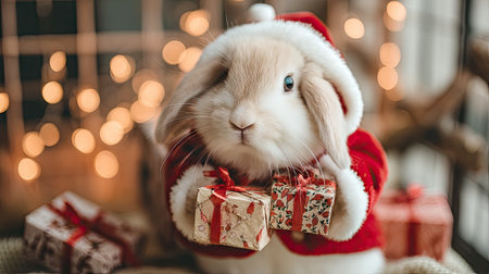This adorable rabbit dressed in a Santa outfit holds festive gifts, surrounded by warm lights, capturing the spirit of Christmas and joy.の素材