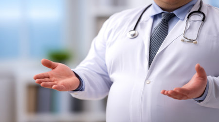 This image features a doctor in a white coat, gesturing with open hands in a modern medical office. It captures the essence of healthcare consultation and communication.の素材