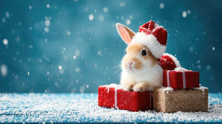 Adorable bunny in a Santa hat sits among beautifully wrapped Christmas gifts, creating a perfect scene for holiday joy and warmth.の素材
