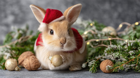 This charming image captures an adorable bunny wearing a Santa hat, surrounded by lush greenery and golden ornaments, perfect for holiday themes.の素材