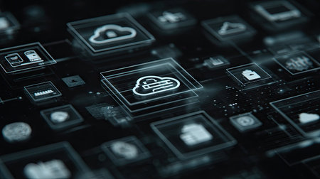 This image illustrates a sophisticated cloud technology network interface filled with various digital icons, representing data storage and connectivity.の素材