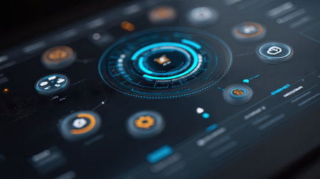 A close-up view of a futuristic user interface featuring interactive elements and data visualization tools. The design emphasizes technology and innovation.の素材