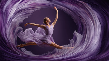 A captivating ballet dancer leaps gracefully amid a swirling backdrop of purple fabric, showcasing beauty, strength, and artistic expression in motion.の素材