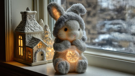 A charming plush bunny with a gentle glow stands beside a quaint winter cottage in a frosty setting, evoking warmth and holiday cheer.の素材