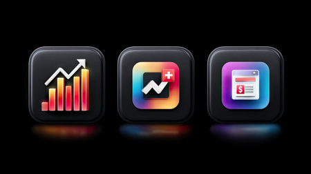 This image showcases three modern, colorful icons symbolizing data analysis, financial growth, and business metrics. Perfect for tech and business projects.の素材