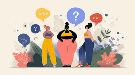 This vibrant illustration features a group of diverse women engaging in lively conversation, surrounded by colorful speech bubbles and lush greenery, symbolizing connection and empowerment.の素材