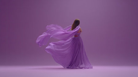 A stunning woman in a flowing purple dress captures the essence of grace and elegance against a solid purple background, highlighting the beauty of fabric movement.の素材