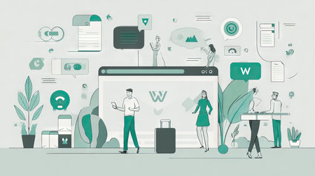 This digital workspace illustration showcases diverse characters engaged in various communication tools, representing a modern business environment.の素材