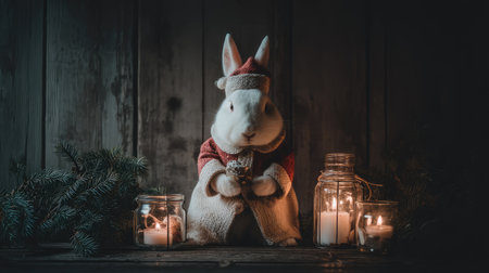 A charming white rabbit dressed as Santa is surrounded by flickering candles and winter decor, creating a cozy and festive atmosphere perfect for the holiday season.の素材