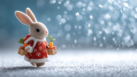 A charming bunny figure dressed in a festive red outfit carries gifts and carrots, set against a dreamy snowy background, perfect for holiday decor.の素材