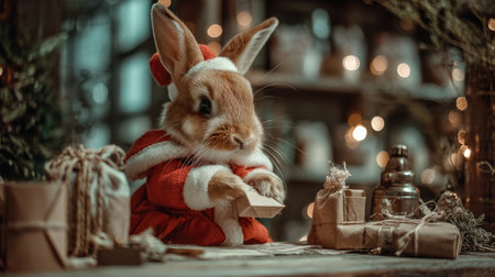 A charming rabbit dressed in a red Christmas outfit is writing a letter next to beautifully wrapped gifts, capturing the warm holiday spirit in a cozy indoor setting.の素材