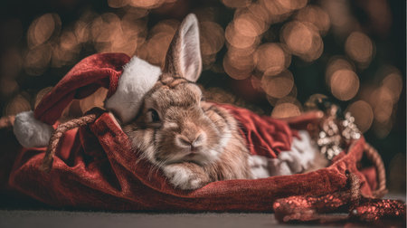 This charming image features a fluffy rabbit wearing a Santa hat, nestled in a red bag against a twinkling Christmas lights backdrop, evoking holiday cheer.の素材