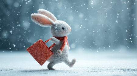 A charming rabbit toy walks through a snowy landscape, carrying a vibrant shopping bag, capturing the essence of winter fun and holiday spirit.の素材
