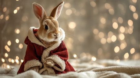 An adorable rabbit wrapped in a soft red robe sits comfortably against a beautifully blurred background of twinkling lights, evoking a warm and festive atmosphere.の素材
