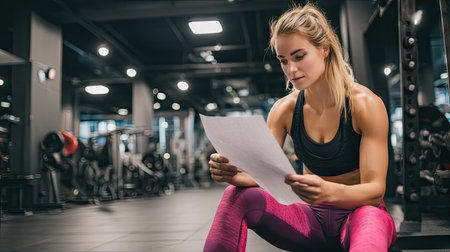 A dedicated athlete sits in a modern gym, carefully reviewing a workout plan on paper. The environment features various fitness equipment, showcasing a commitment to health and fitness.の素材