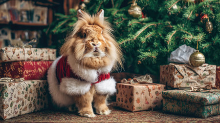 This charming image showcases a fluffy rabbit in a holiday costume, sitting gracefully before a beautifully decorated Christmas tree filled with gifts.の素材