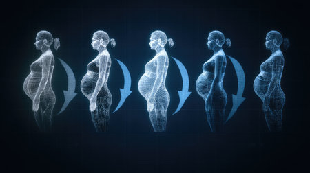 This detailed illustration showcases the various stages of pregnancy through holographic side profile views, emphasizing the beauty of maternal transformation.の素材