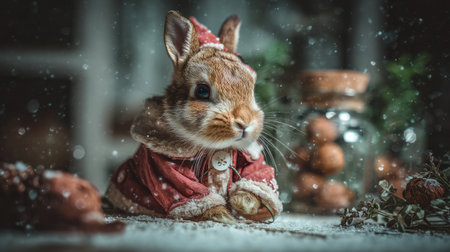 This charming image captures an adorable rabbit dressed in a festive red outfit, surrounded by a wintery, magical setting filled with snow.の素材