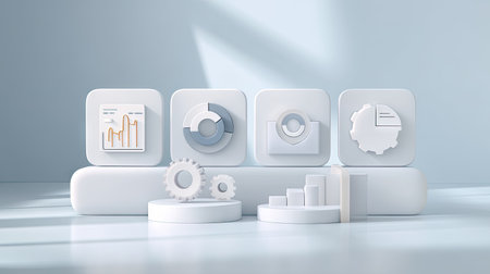 A clean and minimalistic 3D render featuring digital icons that symbolize data analysis and business metrics set against a bright workspace backdrop.の素材