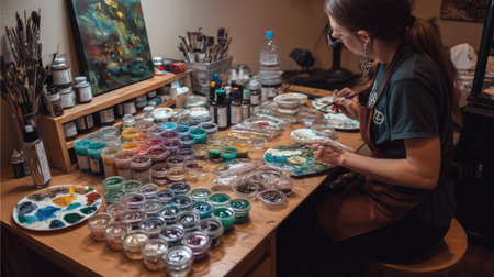 A dedicated artist visibly engrossed in her work, uses various paints and brushes to create an intricate masterpiece in a colorful, well-organized studio.の素材