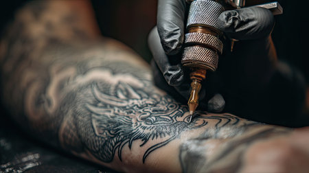 A skilled tattoo artist meticulously applies intricate dragon design onto the skin using a tattoo machine, showcasing the artistry and detail in body decoration.の素材