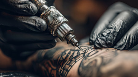 A close-up image of a tattoo artist skillfully using a machine to create an intricate design on a client's skin, showcasing the artistry and precision involved in the tattooing process.の素材