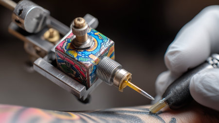 A close-up view of a tattoo machine poised for action, showcasing vibrant ink and intricate body art designs on skin, highlighting the artistry of tattooing.の素材