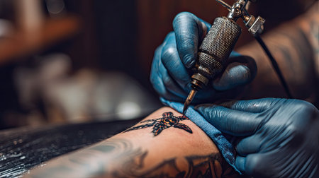A tattoo artist carefully applies ink to a client's arm, showcasing the intricate process of body art creation in a professional setting.の素材
