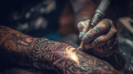 Close-up view of a tattoo artist skillfully applying ink to an intricate design on a client's arm, showcasing the artistry and craftsmanship involved in tattoo creation.の素材