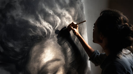 A focused artist applies brush strokes to a detailed portrait, showcasing her talent in a well-lit studio filled with artistic ambiance.の素材