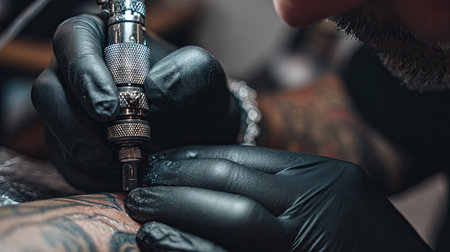 A tattoo artist methodically works on a client's skin, showcasing talent and dedication to body art. The close-up captures the intricate details of the tattoo machine and design process, illustrating the evolving art form.の素材