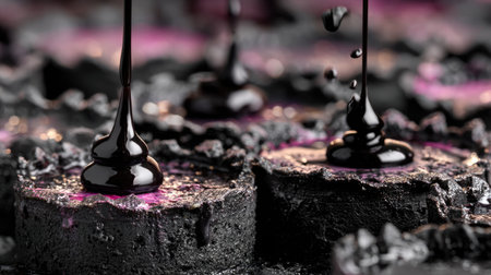 This close-up image showcases black liquid dripping onto a textured dark surface, enhanced by vibrant highlights, creating an intriguing and artistic visual.の素材