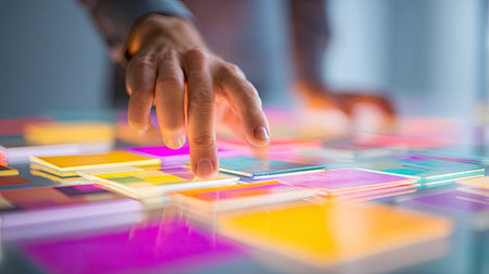 A close-up view of a hand engaged in interaction with colorful transparent layers on a digital interface, symbolizing creativity and innovation in design.の素材