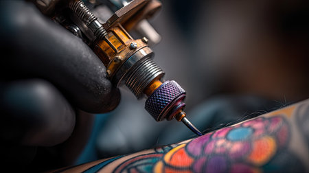 This image showcases a tattoo machine in action, capturing the intricate process of tattooing vibrant designs onto skin. The close-up perspective highlights the detailed artistry involved.の素材
