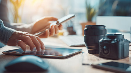 A person is engaging with a tablet while holding a smartphone in a contemporary workspace, showcasing the blend of technology and creativity.の素材