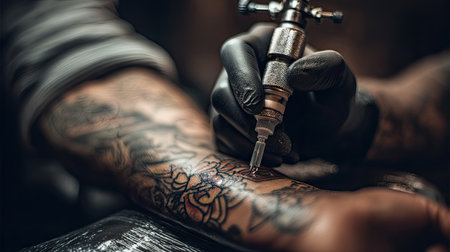 A skilled tattoo artist meticulously applies a vibrant floral design on a client's arm, showcasing the artistry and precision involved in tattooing.の素材