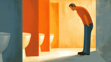 A man stands pensively in front of empty bathroom stalls, captured in vibrant orange and blue tones that evoke curiosity and contemplation.の素材
