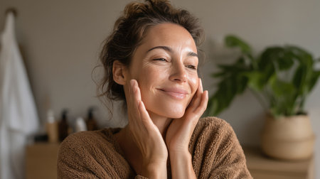 A woman enjoys her skincare routine, displaying a serene expression. The cozy indoor setting highlights her natural beauty and self-care practices.の素材