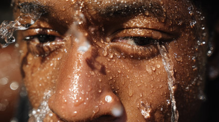 Captivating close-up image of a young person as water splashes across their face, capturing a moment of joy and refreshment with vibrant details.の素材