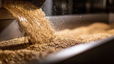 A dynamic close-up image capturing grains being poured from a machinery hopper, showcasing flying particles and an industrial backdrop, symbolizing production.の素材