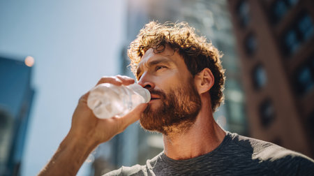 A fit man savors a bottle of water in the bright sunshine, capturing the essence of outdoor fitness and hydration in an urban setting.の素材