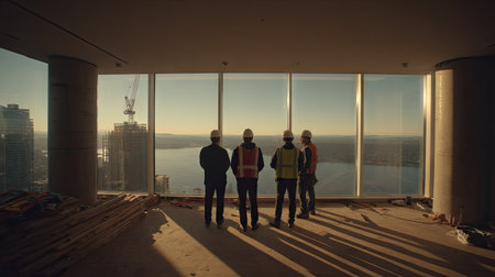 Construction workers stand together in a high-rise building, gazing out at the urban skyline during sunset, representing progress and teamwork in the industry.の素材