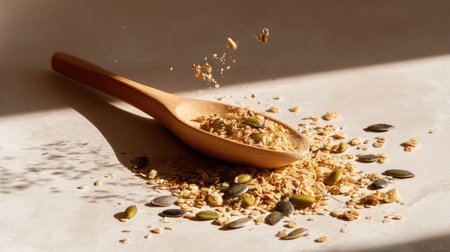 A beautifully arranged wooden spoon filled with granola and assorted seeds rests on a light surface, showcasing the essence of healthy eating and culinary creativity.の素材