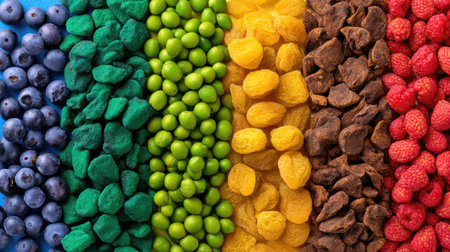 This vibrant image showcases a colorful array of dried fruits and snacks, arranged in a stunning rainbow pattern, perfect for health-focused themes.の素材