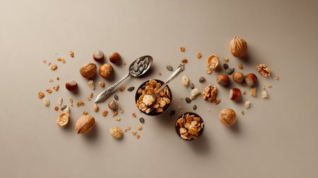 A visually appealing arrangement of bowls filled with granola, nuts, and seeds set against a neutral background, perfect for healthy snack inspiration.の素材