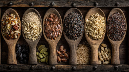 A captivating arrangement of various herbs and spices in wooden spoons on a rustic wooden surface, perfect for culinary enthusiasts seeking inspiration for diverse flavor profiles in cooking.の素材
