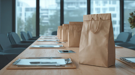 A modern office conference room featuring a long wooden table set with paper bags for a business meeting. Ideal for showcasing lunch delivery service.の素材