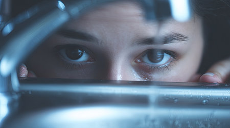 This intimate close-up captures a young woman peering over a kitchen sink, her expressive eyes drawing the viewer in while delicate water droplets add to the serene atmosphere.の素材