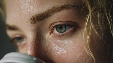 This close-up photograph showcases a young woman's face with water droplets glistening on her skin. Her captivating eyes convey emotion and beauty, complemented by soft light.の素材