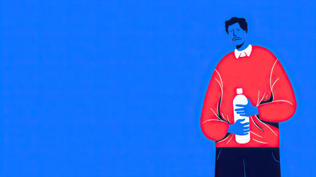 A striking illustration featuring a man with a water bottle on a vivid blue background. The artwork uses bold colors to convey a modern lifestyle focused on hydration and well-being.の素材